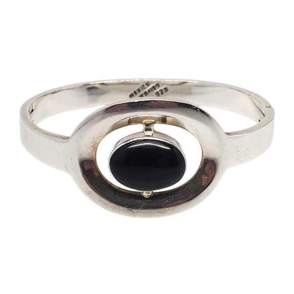 Mexico Sterling Silver Onyx Hinged Bracelet #21170 - Picture 1 of 10